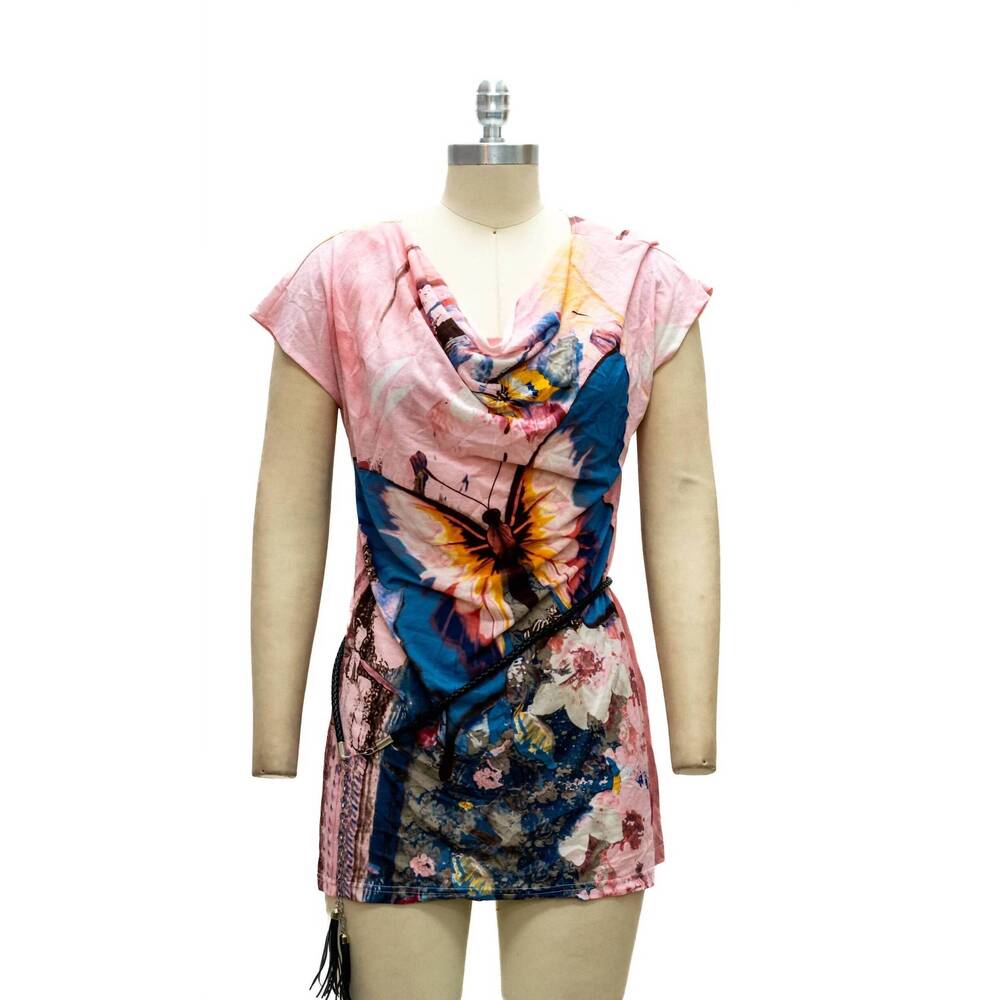 NEW PARIS PARIS women's belted cowl neck tunic top in butterfly pink